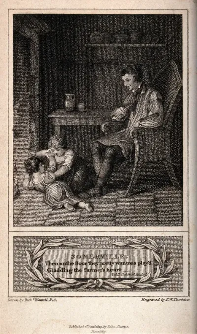 A man sits in a chair at the table smoking his pipe and watching two children playing on the floor