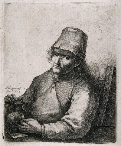 A man sits looking glum and holding his pipe and beer jug