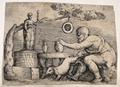 A man sits near an altar with a statue of a goddess and prepares a boar for sacrifice