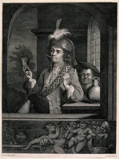 A man sits outside a window to smoke and drink, his servant waits behind him