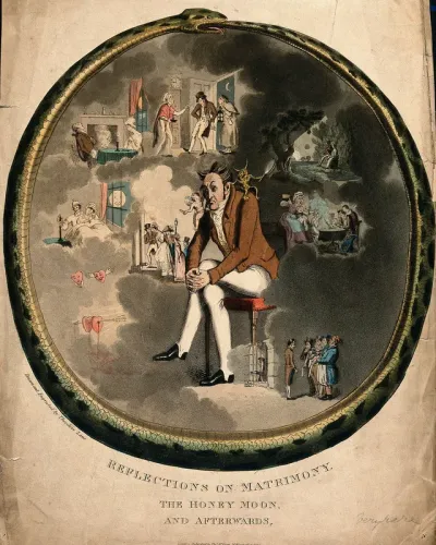 A man sits with a devil on one shoulder, and a cherub on the other, contemplating all the stages of marriage