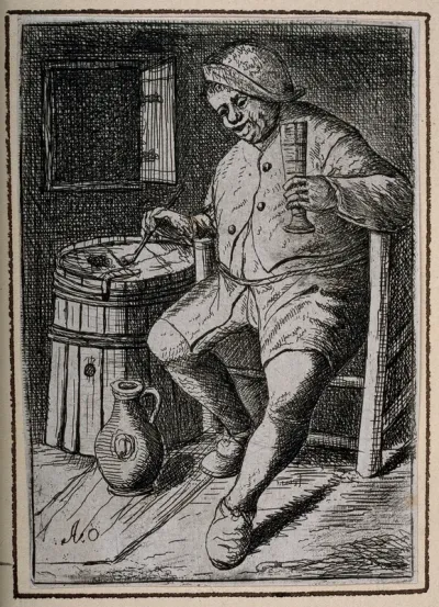A man sits with a glass in one hand, a pipe in the other and a jug at his feet