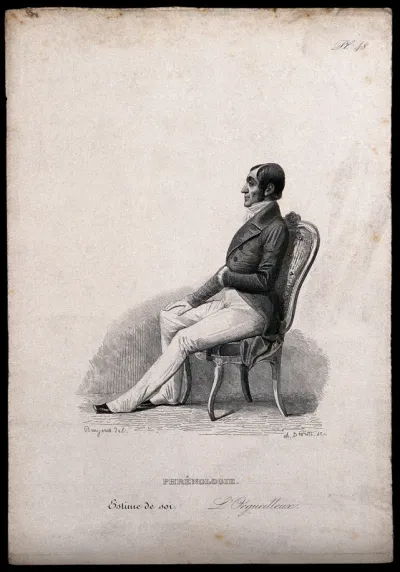 A man sitting erect on a chair; representing pride as a type of the 'sentiment' of self esteem, a phrenological 'faculty'