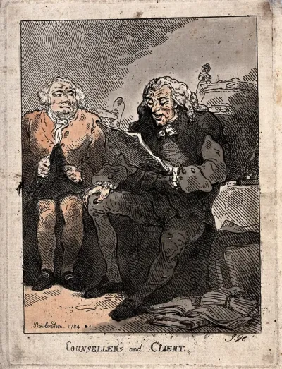 A man sitting in a chair, reading a document to another man who holds his hat in his lap