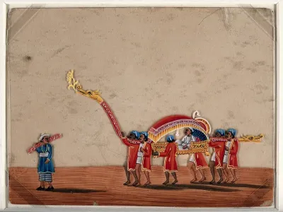 A man sitting in a covered palkhi with dragons on either ends, carried by four men on their shoulders