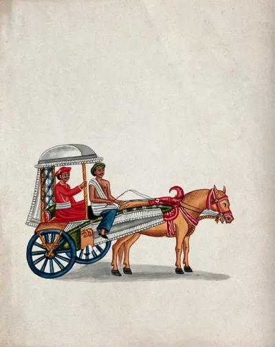 A man sitting in a small carriage pulled by a horse