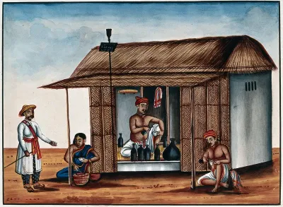 A man sitting in an arrack shop, a guard buying a drink from a woman and another man pouring a drink outside the shop