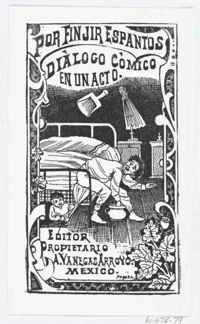 A man sitting on a bed being poked with a broom by someone under the bed, illustration for 'Por Finjir Espanto'