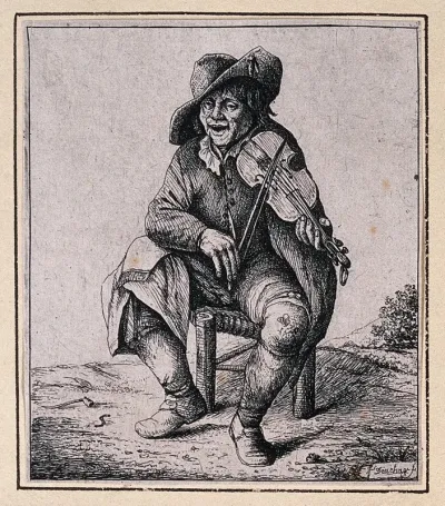 A man sitting on a stool playing a violin