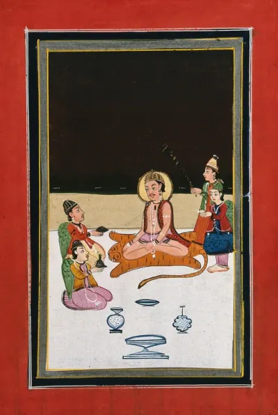 A man sitting on a tiger skin with four attendants, three with wings offering him various things
