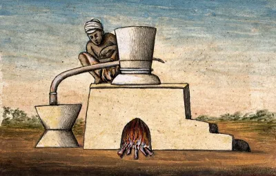 A man sitting on top of a device for cooking (?)