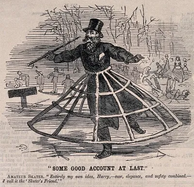 A man skating on a frozen lake while wearing a crinoline cage for protection