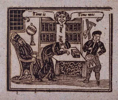 A man sleeps between Roger Bacon (?) and a musician: a brass head proclaims time present and the past