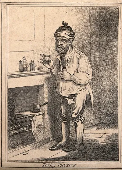 A man standing by a fire place, pulling a peculiar face after taking some medicine