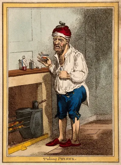 A man standing by a fireplace, pulling a peculiar face after taking some medicine