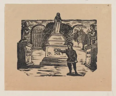 A man standing in front of three monuments