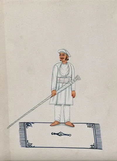 A man standing on a carpet holding a long staff