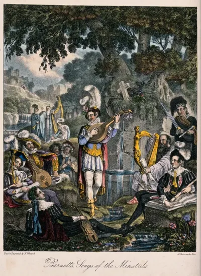 A man stands by a fountain playing music for his companions, who are also holding musical instruments