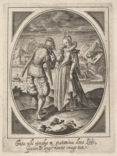A man steps toward a woman who holds a goblet to her mouth, a watermill and mountains beyond