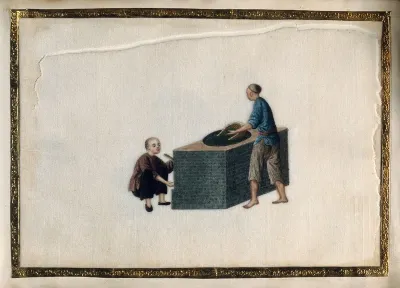 A man stirs tea leaves drying over a brick oven, while another tends the fire