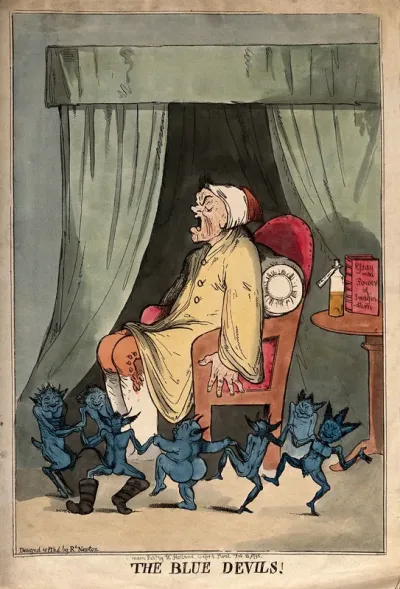 A man suffering from attack by blue devils; representing depression or mental illness