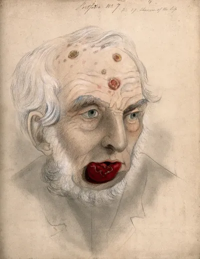 A man suffering from chancre of the lip, displaying sores and abcesses on his scalp and forehead, with a swelling and diseased tissue inside his lower lip