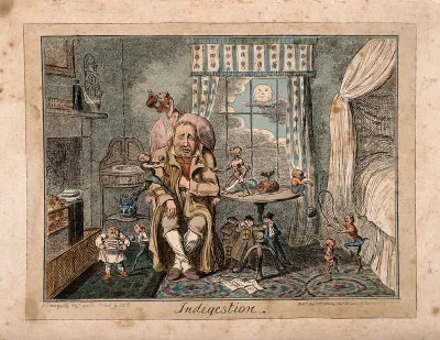 A man suffering from indigestion; suggested by little characters and demons tormenting him