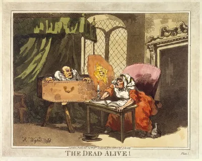 A man supposed to be dead arising from his coffin and surprising his wife (?)