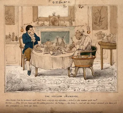 A man surrounded by a feast while professing to have no appetite, his doctor observing how yellow he and his surroundings appear; suggesting the man's jaundiced view of life