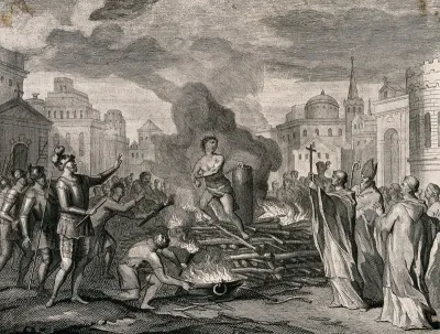 A man tied to a burning stake is pulling at his chains while clerics hold their crucifixes towards him and soldiers in full armour stand around the fire