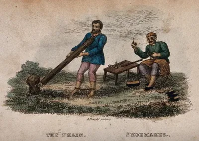 A man tied to a stump by a chain around his neck; a Chinese shoemaker at work
