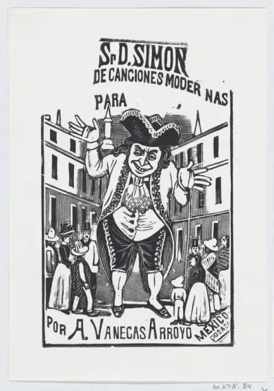 A man towering over a group of people, illustration for a collection of modern songs 'Señor D. Simon'