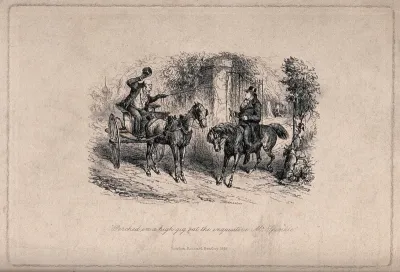 A man travelling in a gig is lifting his hat to a man on horseback as he encounters him leaving his property through the gate