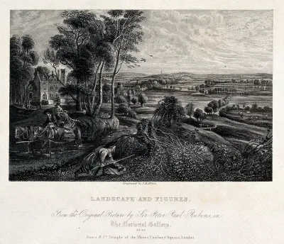 A man tries to approach and shoot fowl in a meadow while a couple drives a horse-drawn cart through a shallow river
