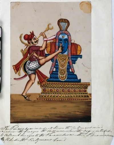 A man trying to blind himself in front of a linga, but is stopped by Lord Shiva
