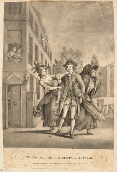 A man tugged one way by a prostitute and the other way by a religious lady