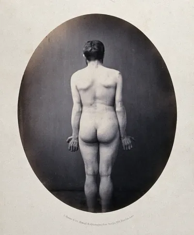 A man, unclothed, viewed from behind in full-length, with semi-clenched fists