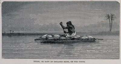 A man using a raft of inflated skins to navigate the River Tigris