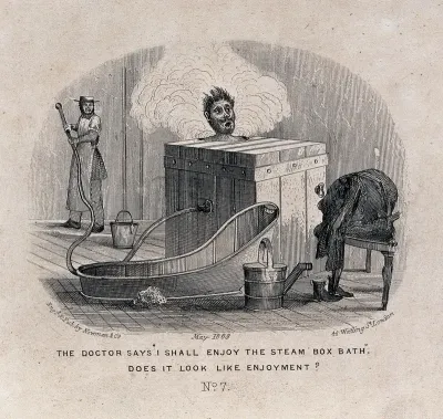 A man visiting a health resort is sitting in a steam box