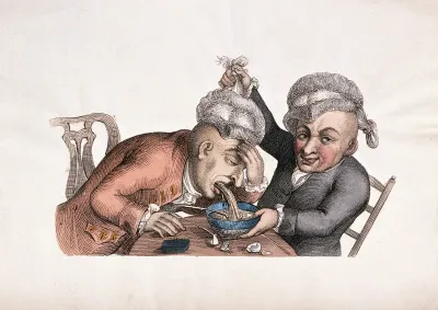 A man vomits into a bowl as his companion lifts his wig and steadies the bowl