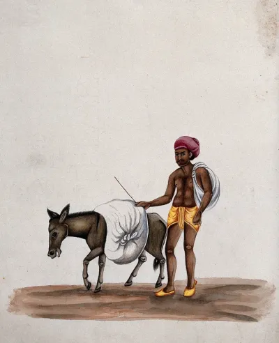 A man walking along with a donkey carrying a heavy load