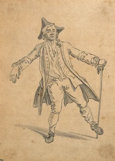 A man walking with the posture of a drunkard