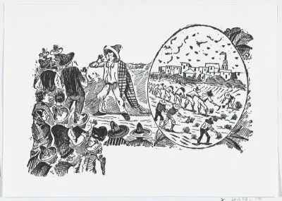 A man warning townspeople about what could happen to them from a broadside entitled 'Deportados a las Islas Marias'