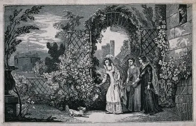A man watches from a window as three young women walk through a garden, a dog is barking at their feet