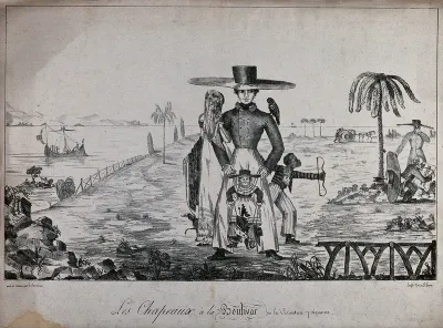 A man wearing a "Bolivar hat", accompanied by a woman and two children