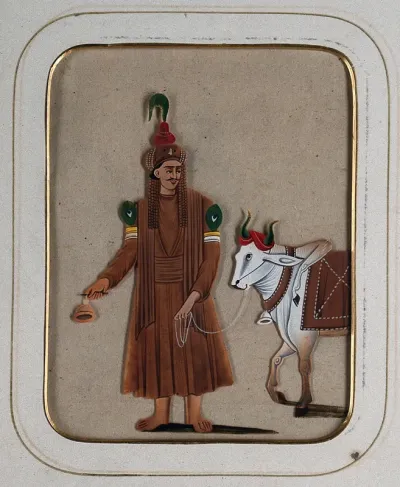 A man wearing a brown garment with peacock feathers on his arms, leading a cow