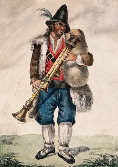 A man wearing a hat with a feather in it is playing the bagpipes