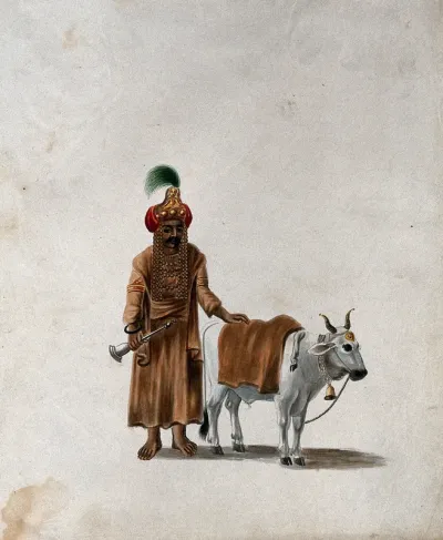 A man wearing a headgear with an image of a deity (?), standing with his cow