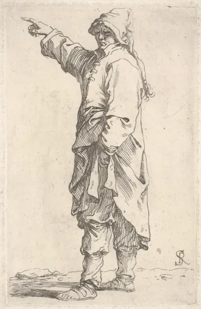 A man wearing a long outer garment and cap pointing to the left, from "Figurine"