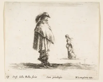 A man wearing a plumed hat in center facing right, a woman walking towards the left in the background, plate 17 from "Diversi capricci"